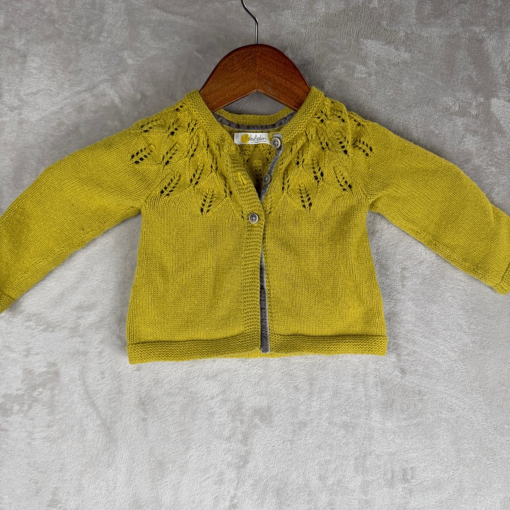 Baby Boden Mustard Yellow Pointelle Leaf Yoke Knit Cardigan 9-12M 80cm